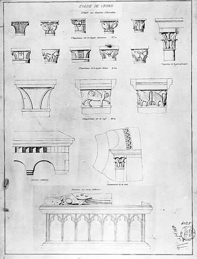 Dessin : Chapiteaux de la crypte romane et de la nef, et tombeau du comte Adhémar