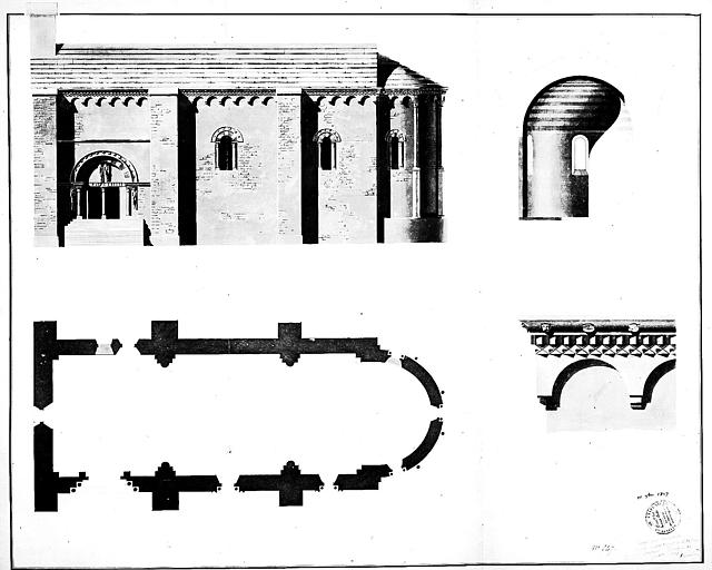 Plan, élévation de la façade sud et coupe sur l'abside