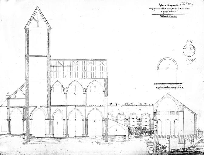 Coupe longitudinale (état actuel) et ruines servant de grange