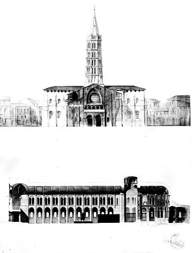 Elévation de la façade ouest et coupe longitudinale