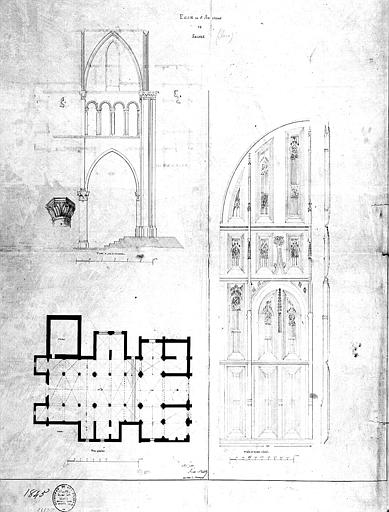 Plan général, élévation du portail et coupe d'une travée