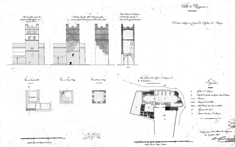 Plan général de l'édifice, élévation, coupes et plans détaillés du clocher