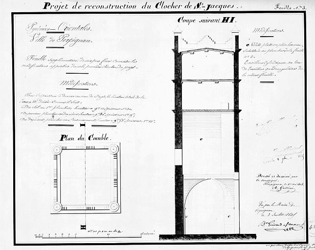 Projet de reconstruction du clocher, feuille n° 3 : Plan du comble et coupe