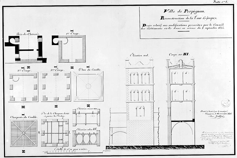 Plan de reconstruction du clocher, feuille n° 5 : Plans, élévation et coupe avec les modifications prescrites par le Conseil des Bâtiments civils