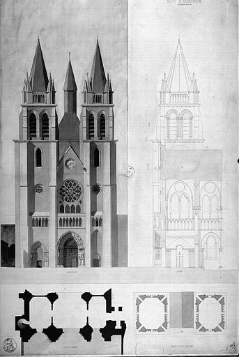 Projet de restauration (sans rabat) : Coupe et élévation de la façade ouest, plans du portail et du haut des tours