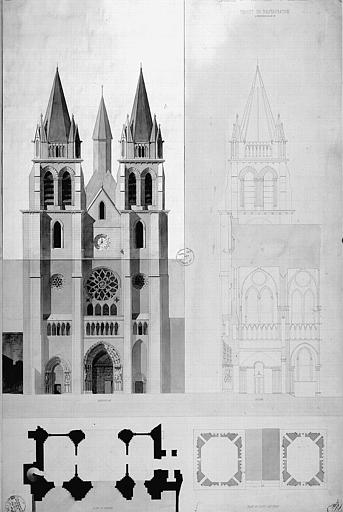 Projet de restauration (avec rabat) : Coupe et élévation de la façade ouest, plans du portail et du haut des tours