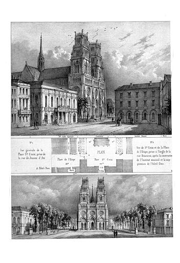 Lithographie : Plan et deux vues de la place Sainte-Croix avec la face ouest de la cathédrale