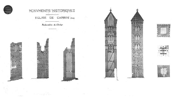 Restauration du clocher : Plan, coupe, élévation (état actuel)