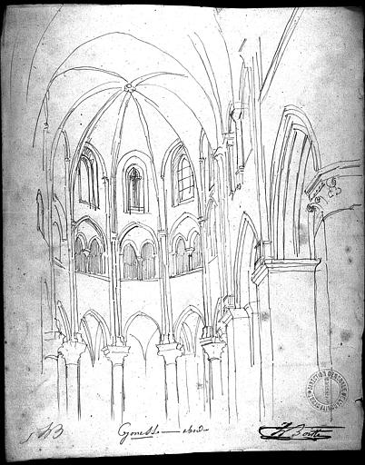 Dessin au crayon  : Vue intérieure de l'abside