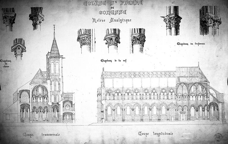 Relevé analytique : Coupes tranversale et longitudinale, chapiteaux du choeur, de la nef et du triforium