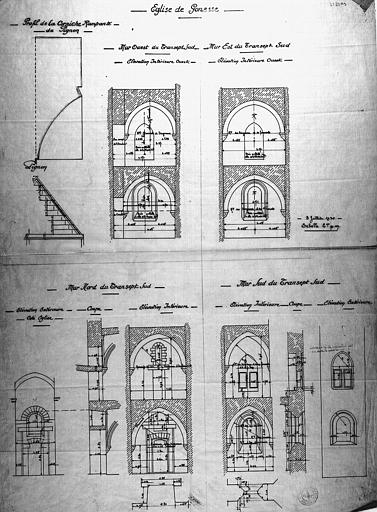 Murs intérieurs et extérieurs du transept : Elévations, coupes, plans (calque)