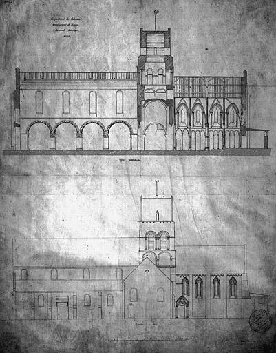 Coupe longitudinale et élévation de la façade sud