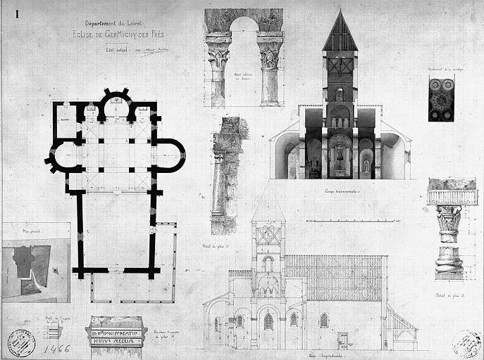 Plans, coupes, élévations de l'église et détails des piliers