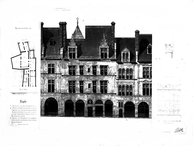 Dessin aquarellé : Elévation des façades sur rue, plan et détail des chapiteaux et menuiserie