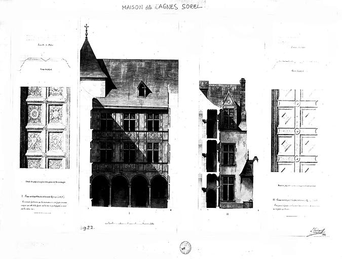 Dessin aquarellé : Coupe et élévation de la façade sur cour et détail du plafond à caissons