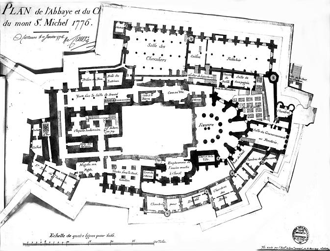 Fac-similé d'un plan de 1776 : Plan général du niveau intermédiaire (2e niveau), modifications, rabats, chambre des exilés au sud et chambre à l'est