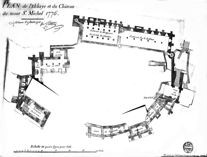 Fac-similé d'un plan de 1776 : Plan général du niveau inférieur, caves, trappes, souterrain, corps de garde et magasin, rabats soulevés