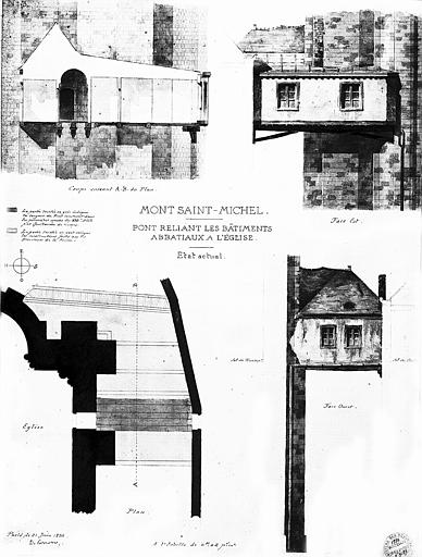 Pont reliant les bâtiments abbatiaux à l'église (état actuel) : Plan, coupe et élévation