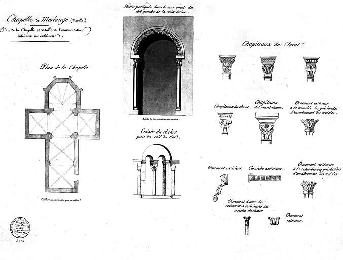 Plan de la chapelle et détails de l'ornementation intérieure et extérieure : Porte, chapiteaux, fenêtre géminée...