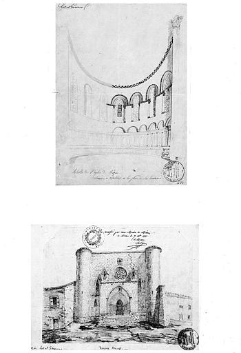 Deux dessins à la mine de plomb : Vue intérieure de l'abside (n° 1) et vue d'ensemble de la façade ouest