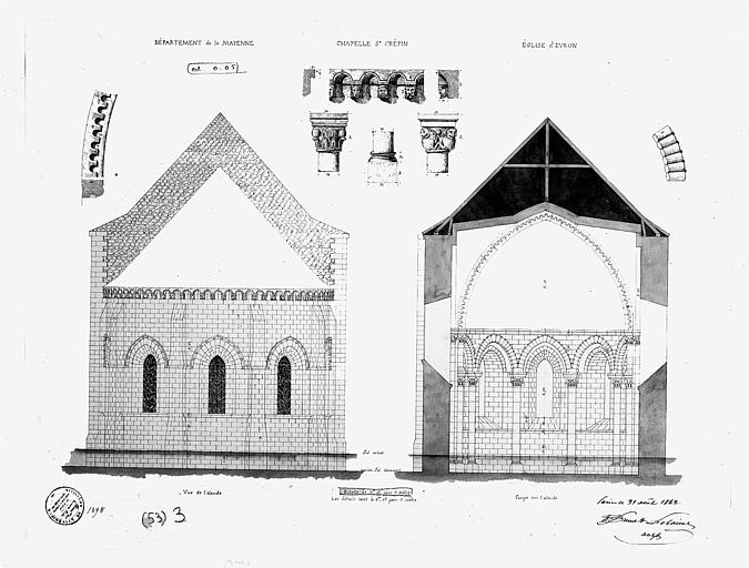 Elévation et coupe sur l'abside, et détails architecturaux