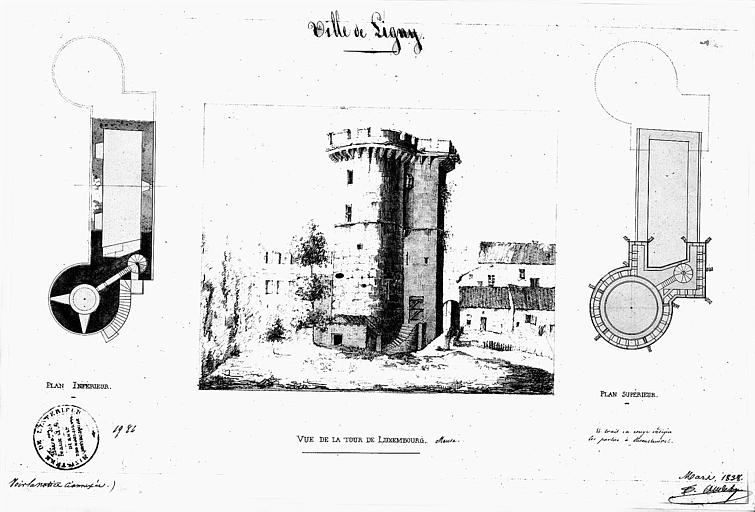 Dessin à la mine de plomb : Plans inférieur et supérieur et vue extérieure