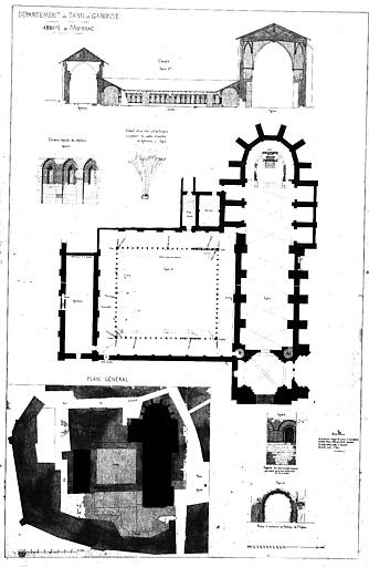 Plan général de l'abbaye, plan et coupe transversale de l'église, du cloître et du réfectoire, et détail architecturaux