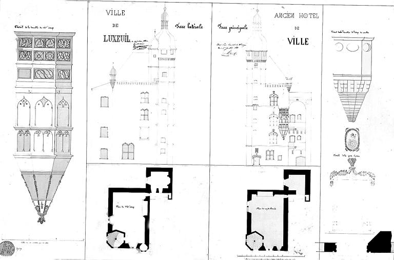 Dessin à la plume : Plan, élévations des façades latérale et principale et détail des tourelles