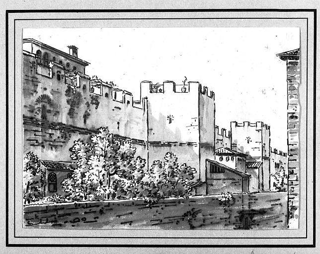 Dessin à la plume et lavis : Paysage d'Italie, remparts de ville