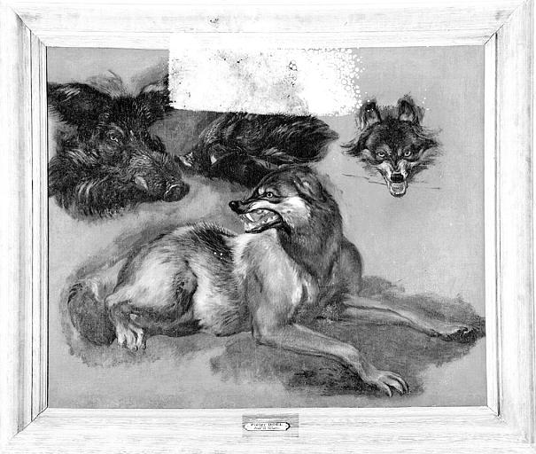 Peinture sur toile : Loup, tête de loup et deux têtes de sanglier