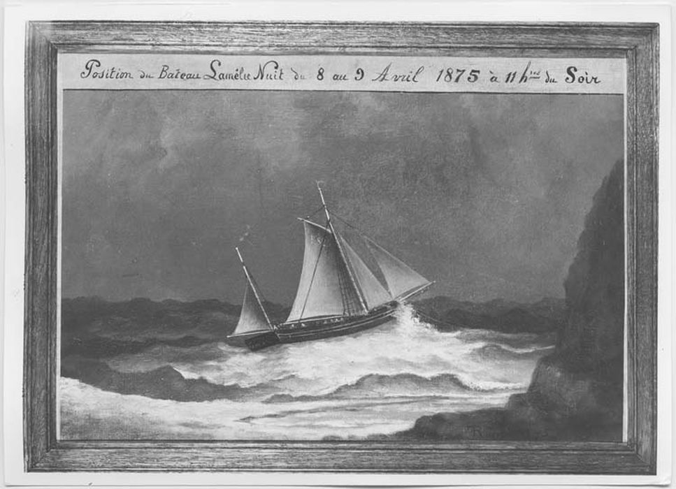 tableau ex-voto : « Position du bateau Lamelle du 8 au 9 avril 1875 à 11h du soir »