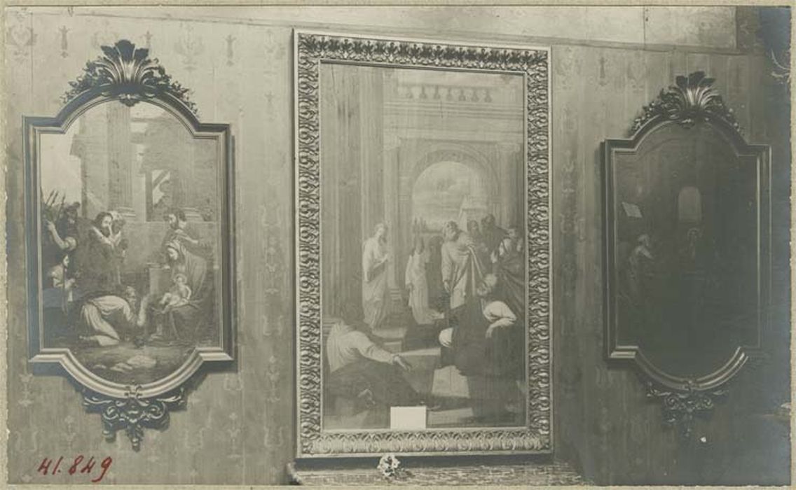 6 tableaux : l'Adoration des Mages, l'Adoration des bergers, le Christ parmi les docteurs, la Cène, la Flagellation, le Portement de croix