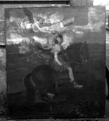 Peinture sur toile : Louis XIV à cheval, en empereur romain, couronné par la Victoire