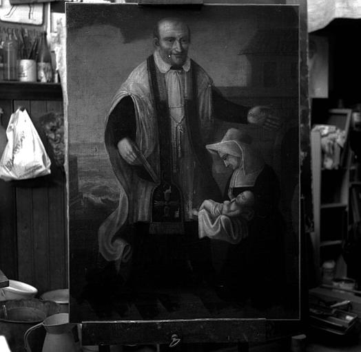 Peinture sur toile : Saint Vincent de Paul et une religieuse avec un enfant