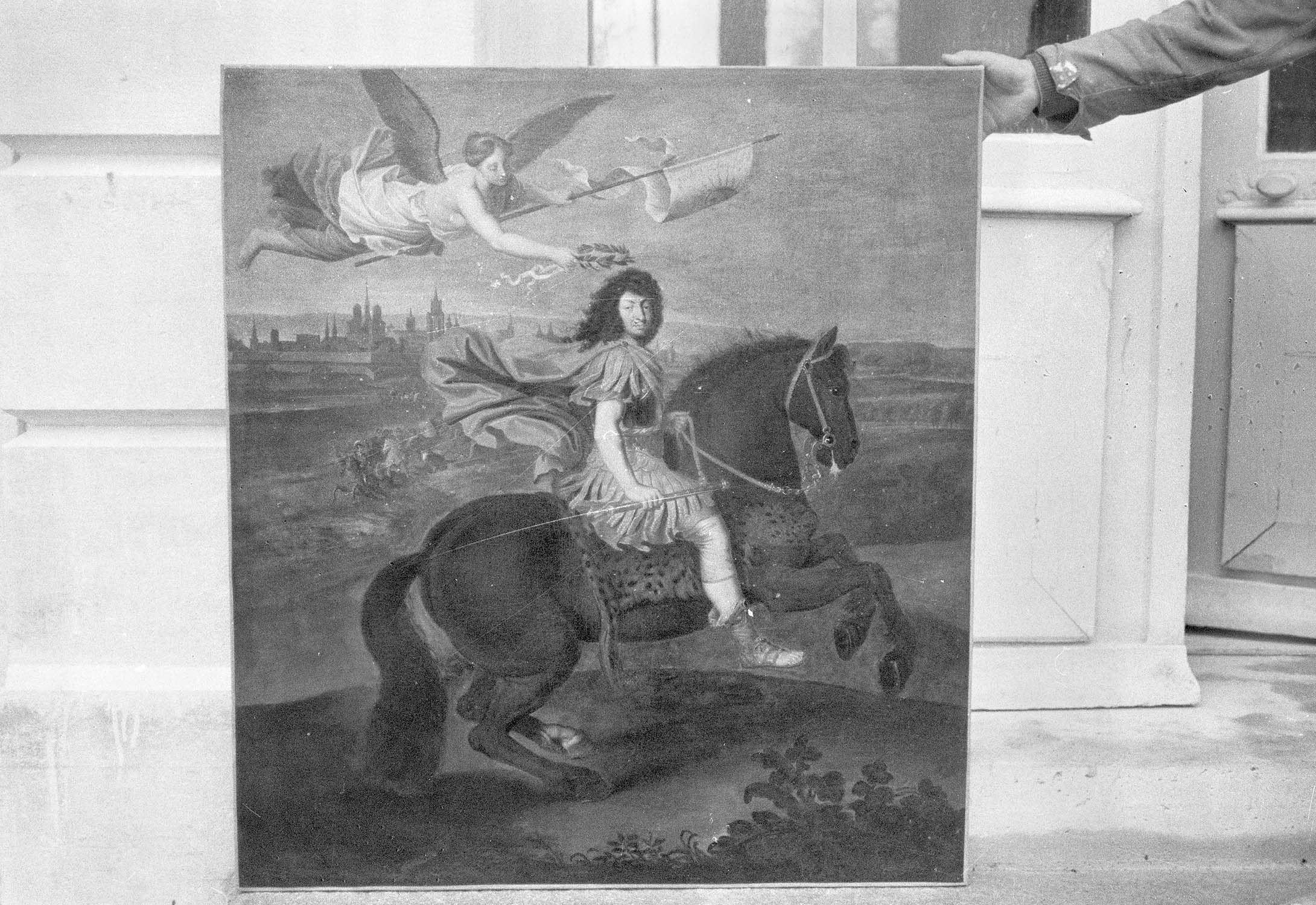 Peinture sur toile: Louis XIV en empereur romain, à cheval, couronné par la Victoire