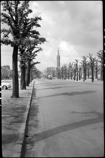 Perspective urbaine ; au loin le beffroi de l'hôtel de Ville