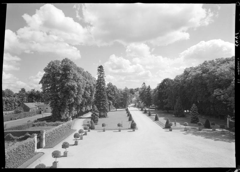 Perspective et parterres devant le château agrémentés d'orangers