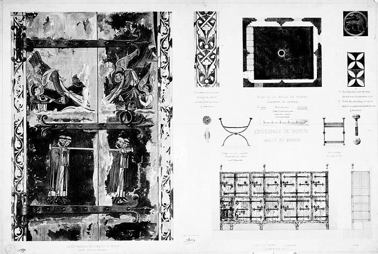 Plan de la salle du trésor, détails du carrelage, armoire et siège