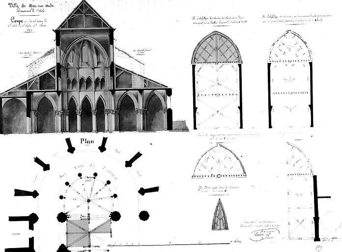 Coupe transversale, plan de l'abside et installation des échafaudages