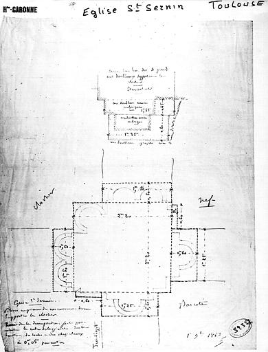 Plan d'un pilier en pierre de Carcassonne et coupe sur un des arcs doubleaux supportant le clocher