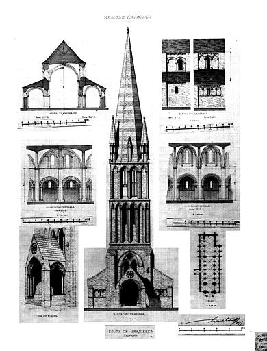 Plan général, élévation de la façade ouest, coupe transversale, vue perspective du porche, coupes longitudinales (partie 12e et partie 13e), et élévation latérale (partie 12e et partie 13e)