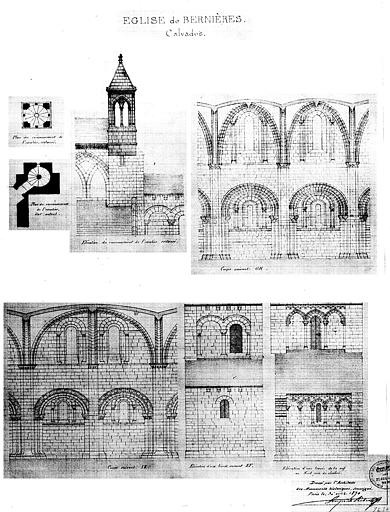 Plan et élévation du couronnement de l'escalier, et élévations et coupes de travées de la nef (plume et lavis)