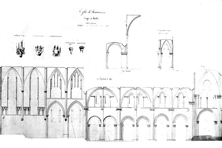 Coupes longitudinale et transversale et détails des culs-de-lampe du choeur (plume et lavis)