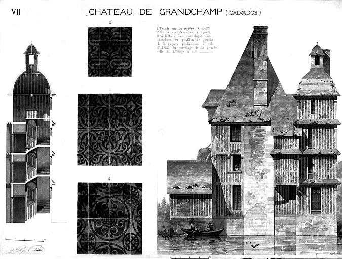 Elévation de la façade principale, coupe sur l'escalier et détails du carrelage (aquarelle)