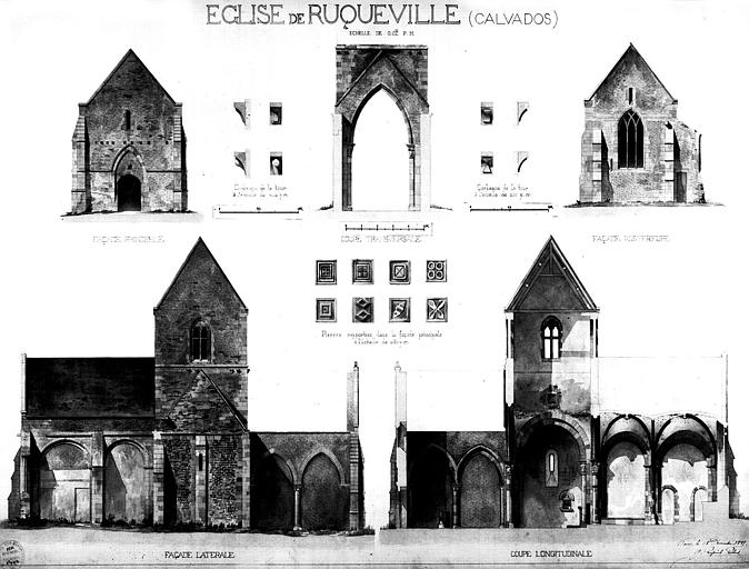 Elévations des façades, coupes longitudinale et transversale, et détails architecturaux (aquarelle)