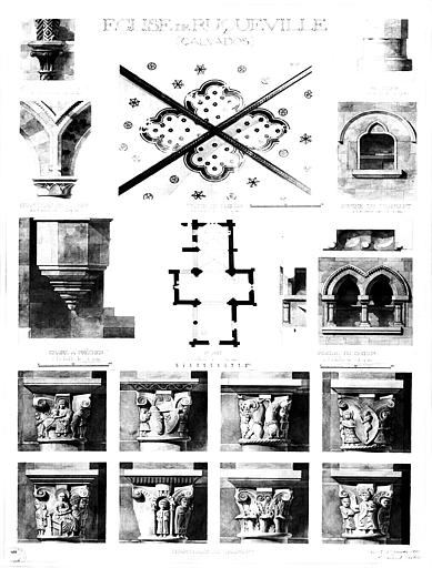 Plan général, chapiteaux, voûte du choeur, piscine du choeur, piscine du transept et chaire à prêcher (aquarelle)