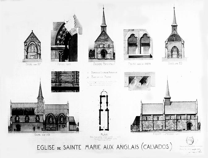 Plan général, coupes longitudinale et transversale, élévations des façades et détails (aquarelle)