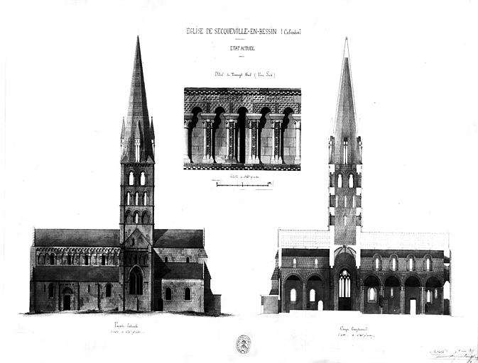 Elévation de la façade latérale, coupe longitudinale et détail du transept sud (aquarelle)