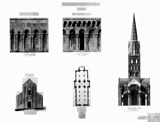 Plan général, coupe transversale, élévation de la façade principale et détails du transept sud et de la façade latérale (aquarelle)