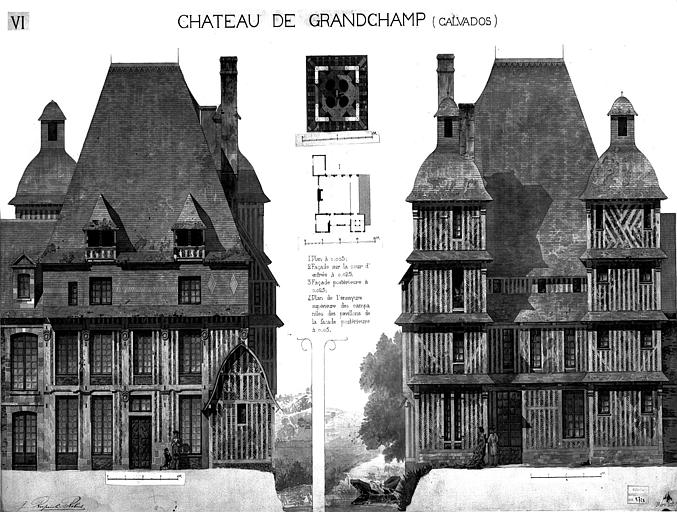 Plan général, façade sur cour et façade postérieure (aquarelle), pl.VI